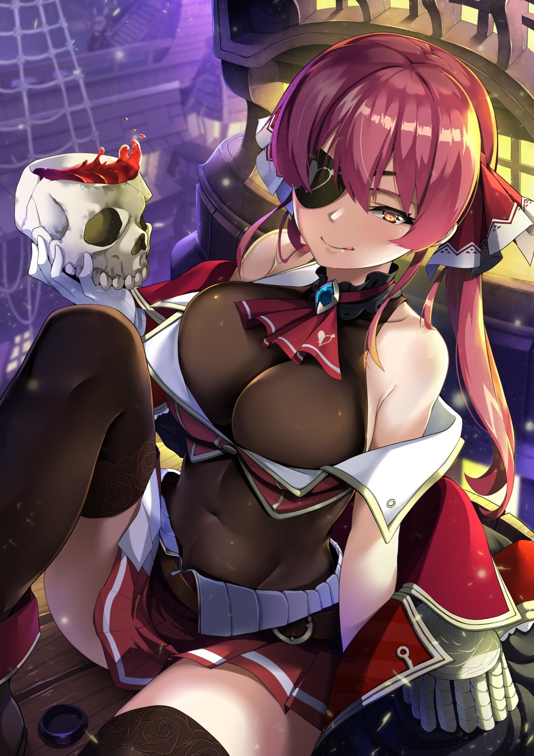 eyepatch hololive houshou_marine jie_laite skirt_lift thighhighs