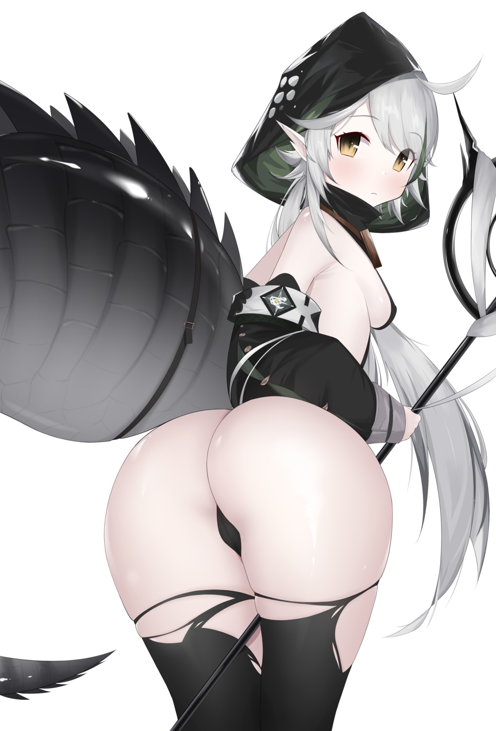 arknights ass no_bra pantsu pointy_ears tagme tail thighhighs thong tomimi_(arknights) torn_clothes