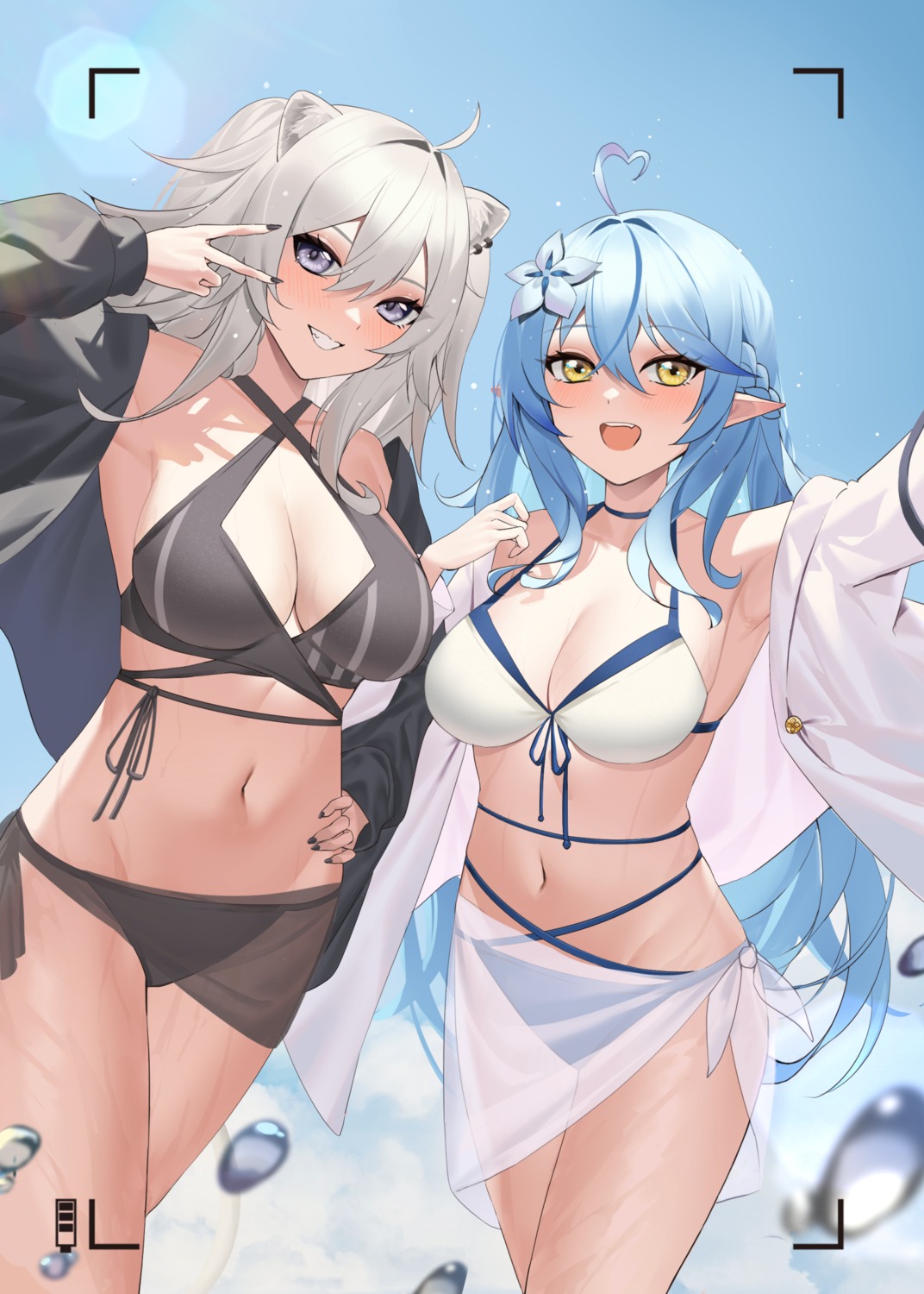 animal_ears artist_revision bikini elf hololive jmao open_shirt pointy_ears see_through selfie shishiro_botan swimsuits wet yukihana_lamy