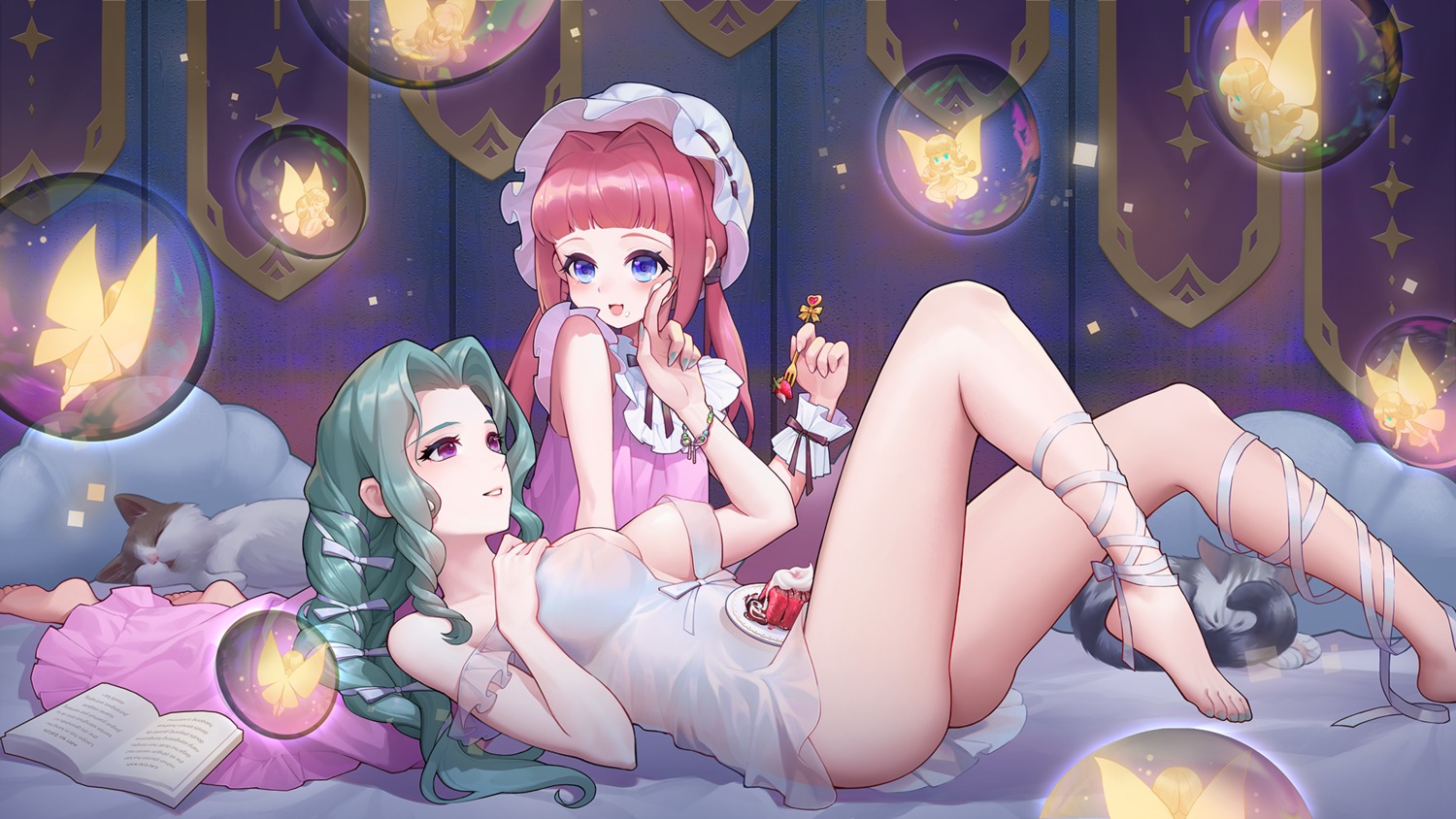 feet ko_hitsujisaru neko no_bra pajama see_through wallpaper yuri