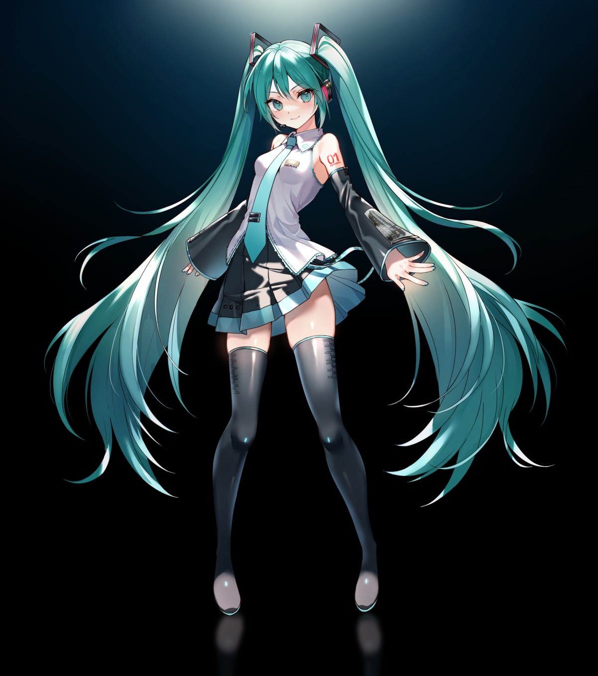 hatsune_miku headphones nishizawa_5mm skirt_lift tattoo thighhighs vocaloid