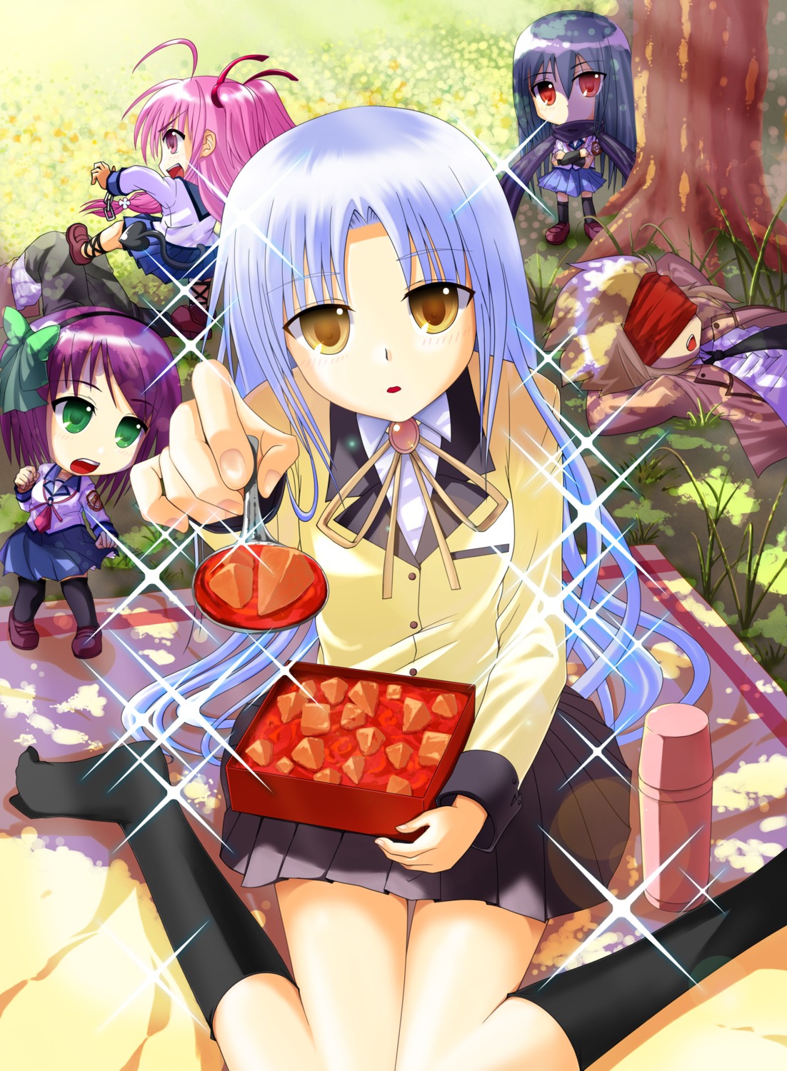 angel_beats! chibi hinata_hideki nakamura_yuri pocky_(hidamarinet) seifuku shiina tachibana_kanade tail thighhighs tk_(angel_beats!) yoshioka_yui