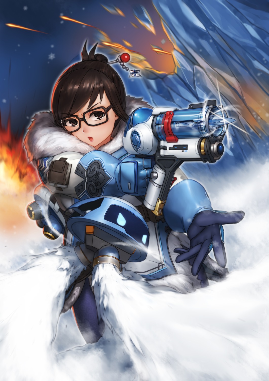 ao_mei_douji gun megane mei_(overwatch) overwatch snowball_(overwatch)