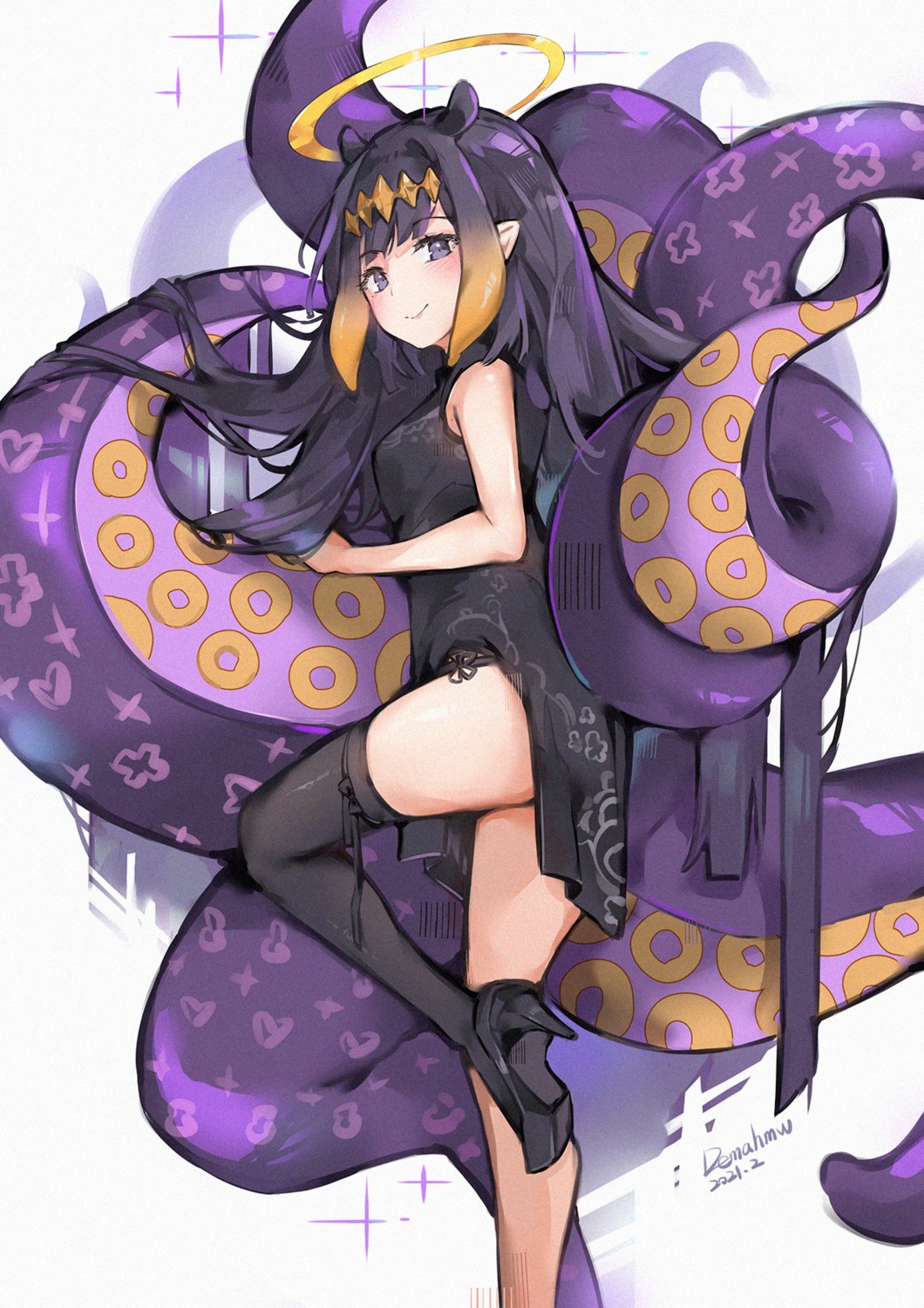 angel chinadress dema_hmw heels hololive hololive_english ninomae_ina'nis pointy_ears skirt_lift tentacles thighhighs