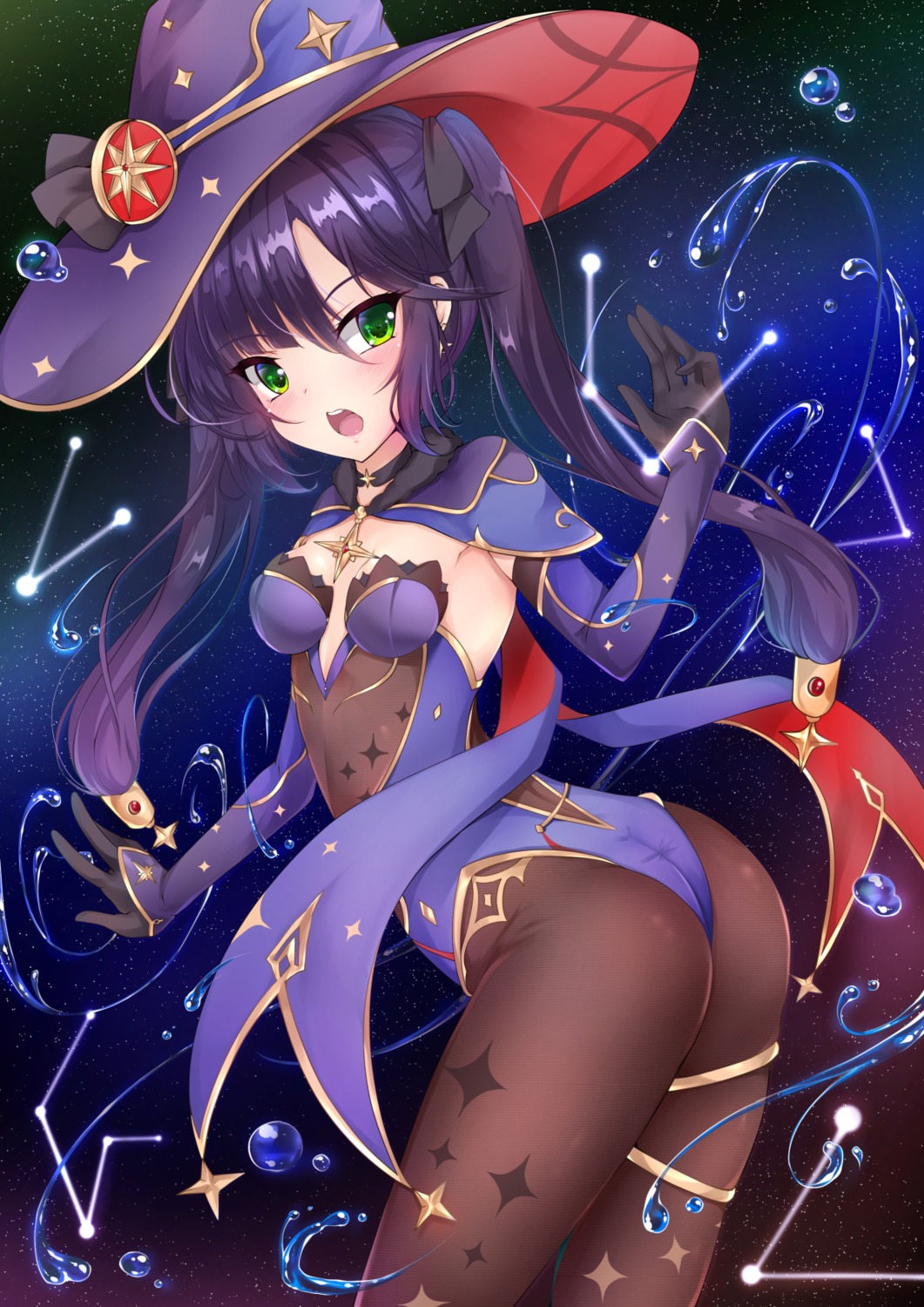 ass garter genshin_impact kakukaku leotard mona_megistus no_bra pantyhose witch