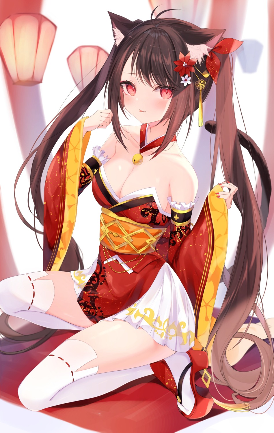 animal_ears japanese_clothes nekomimi no_bra okomeillust tail thighhighs