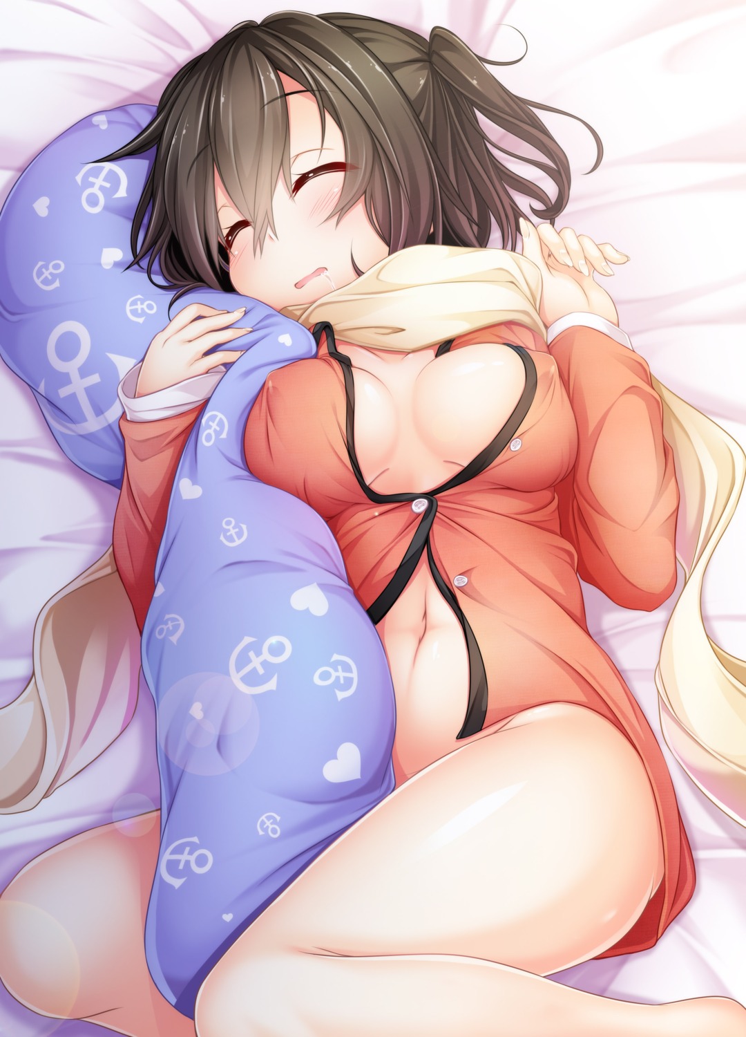 bottomless cleavage erect_nipples kantai_collection no_bra open_shirt pajama sendai_(kancolle) wakagi_repa