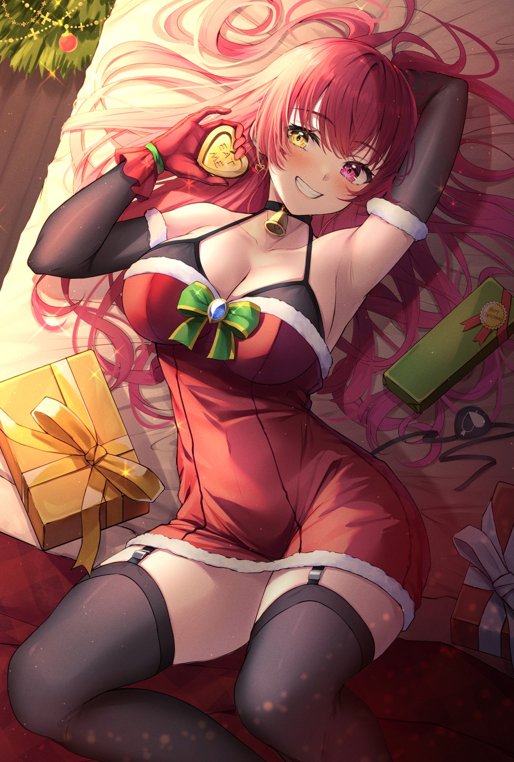 christmas dress heterochromia hololive houshou_marine no_bra primamiya stockings thighhighs