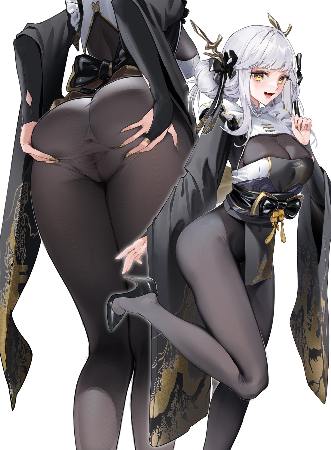 anus ass blanc_(nikke) goddess_of_victory:_nikke heels horns japanese_clothes nopan pantyhose pussy zhudouzi