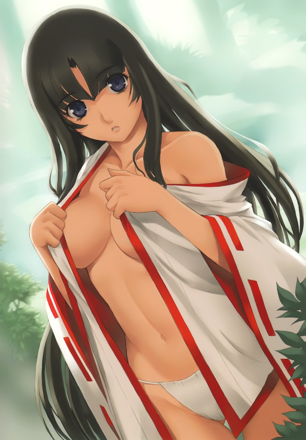 cleavage eiwa fundoshi miko no_bra open_shirt queen's_blade tomoe undressing