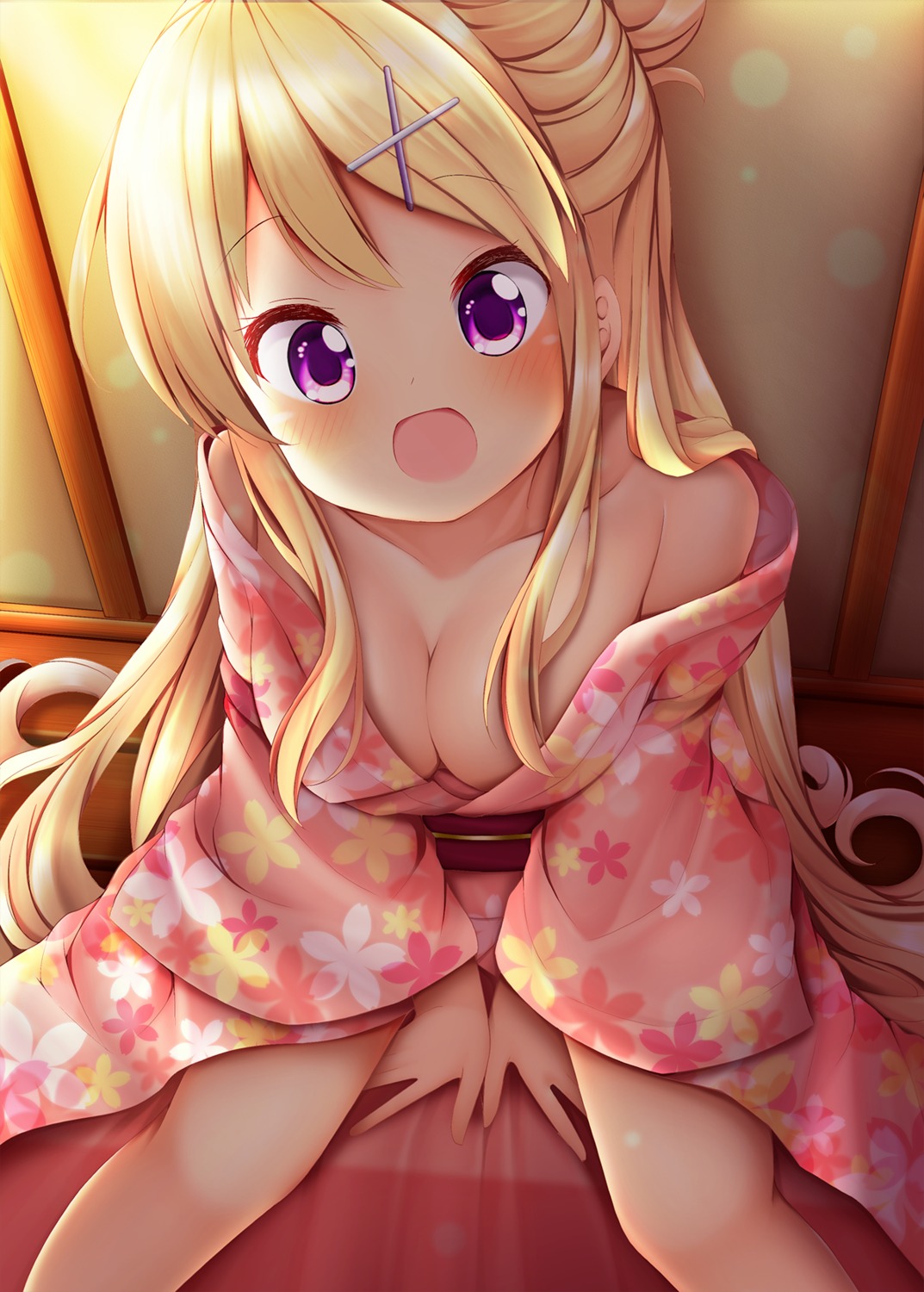 cleavage kimono kin'iro_mosaic kujou_karen minato_ojitan no_bra open_shirt