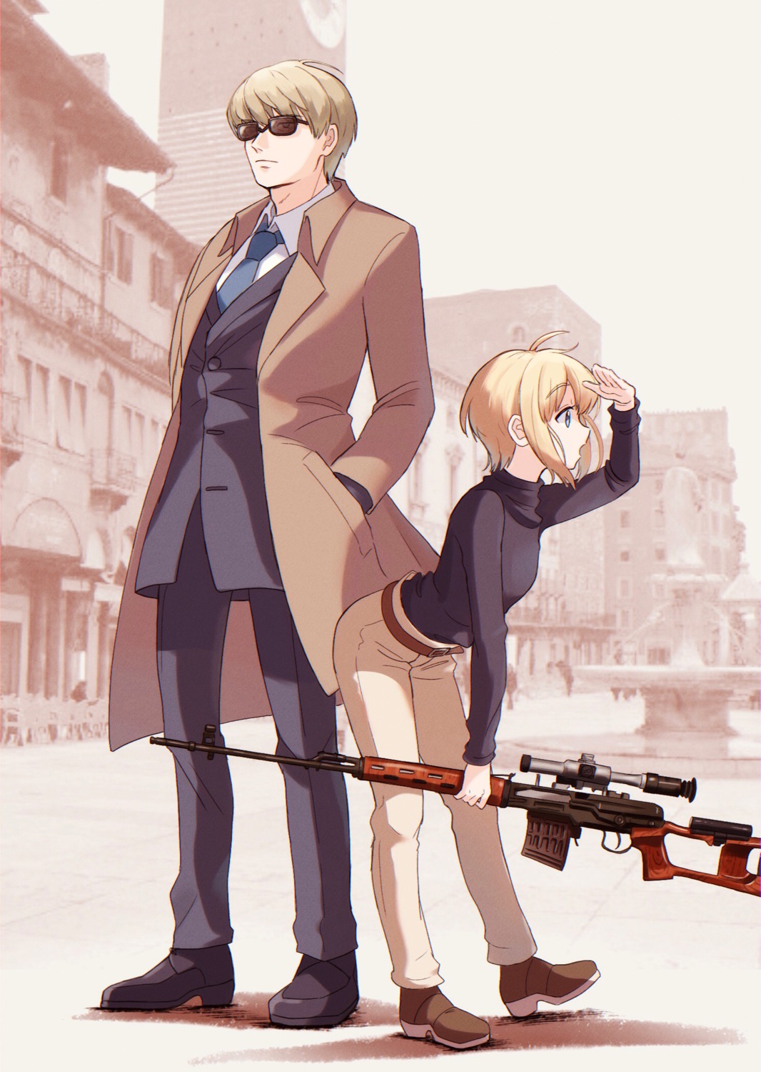 business_suit gun gunslinger_girl heels jean_croce megane nasubi_(toguro_nasu) rico_(gunslinger_girl) sweater