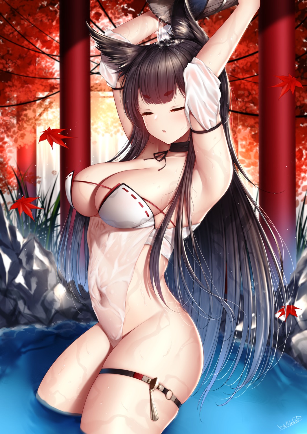 amagi_(azur_lane) animal_ears azur_lane garter kitsune lingerie no_bra nopan see_through wet wet_clothes wsman