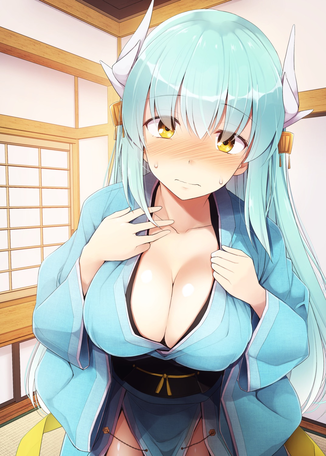 fate/grand_order horns japanese_clothes kiyohime_(fate/grand_order) kurikara no_bra open_shirt undressing