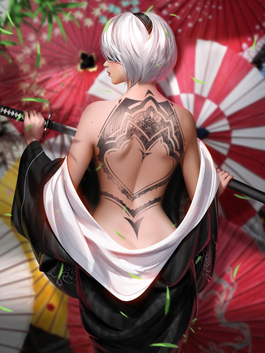 japanese_clothes liang_xing nier_automata no_bra nopan open_shirt tattoo umbrella yorha_no.2_type_b