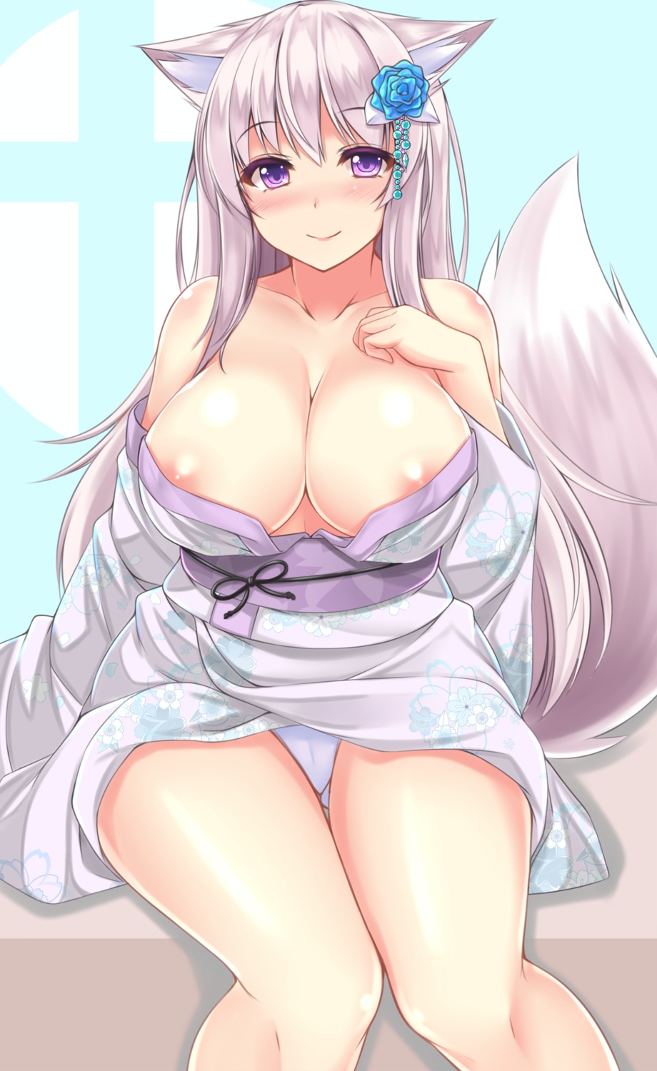 animal_ears areola cameltoe kimono kitsune no_bra pantsu sogaya tail