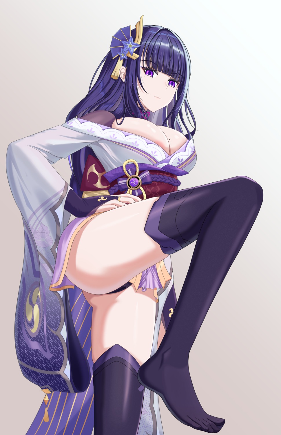 genshin_impact japanese_clothes no_bra open_shirt pantsu raiden_shogun suzhi2333 thighhighs thong