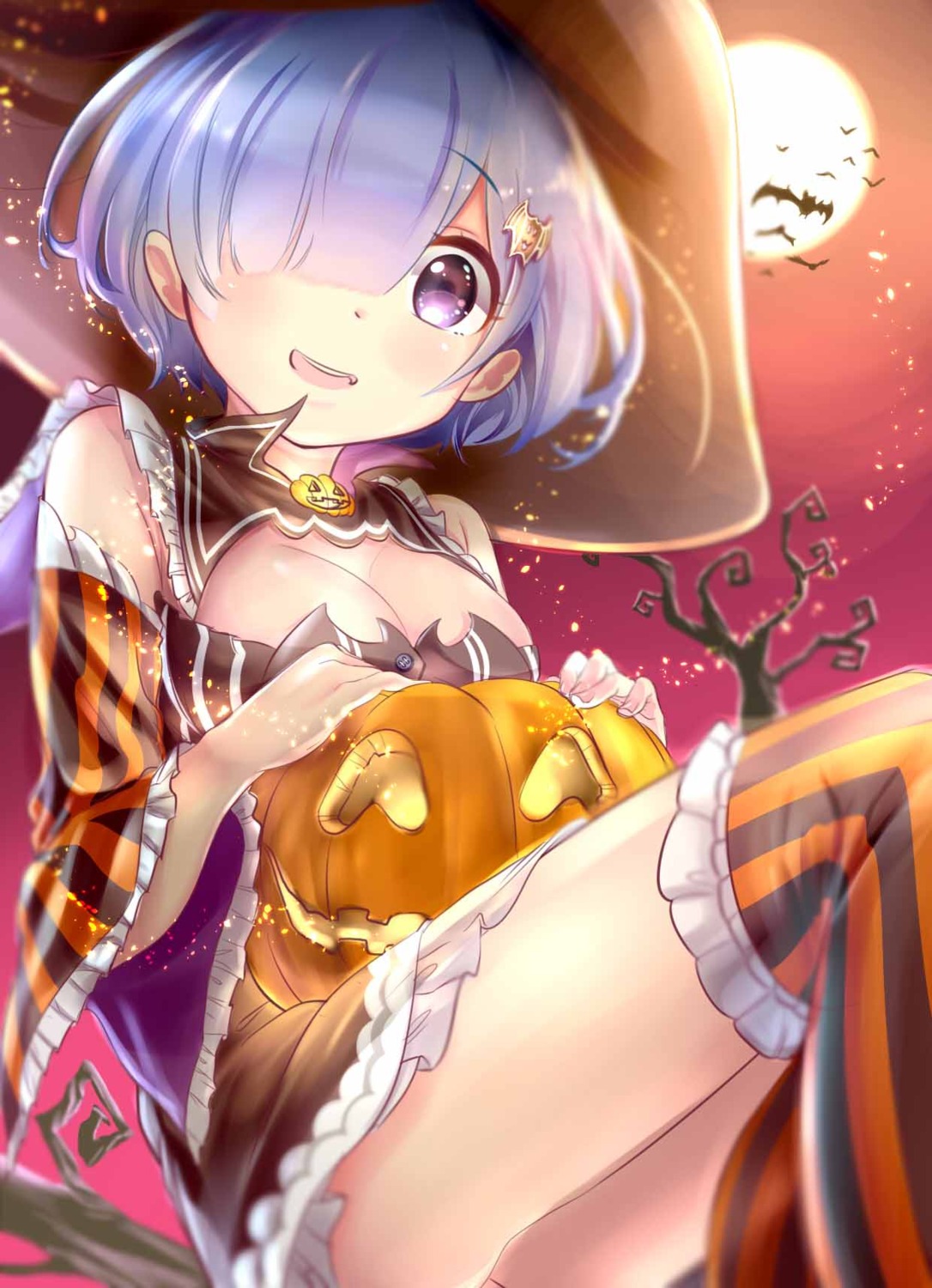 gou_d halloween re_zero_kara_hajimeru_isekai_seikatsu rem_(re_zero) skirt_lift thighhighs witch