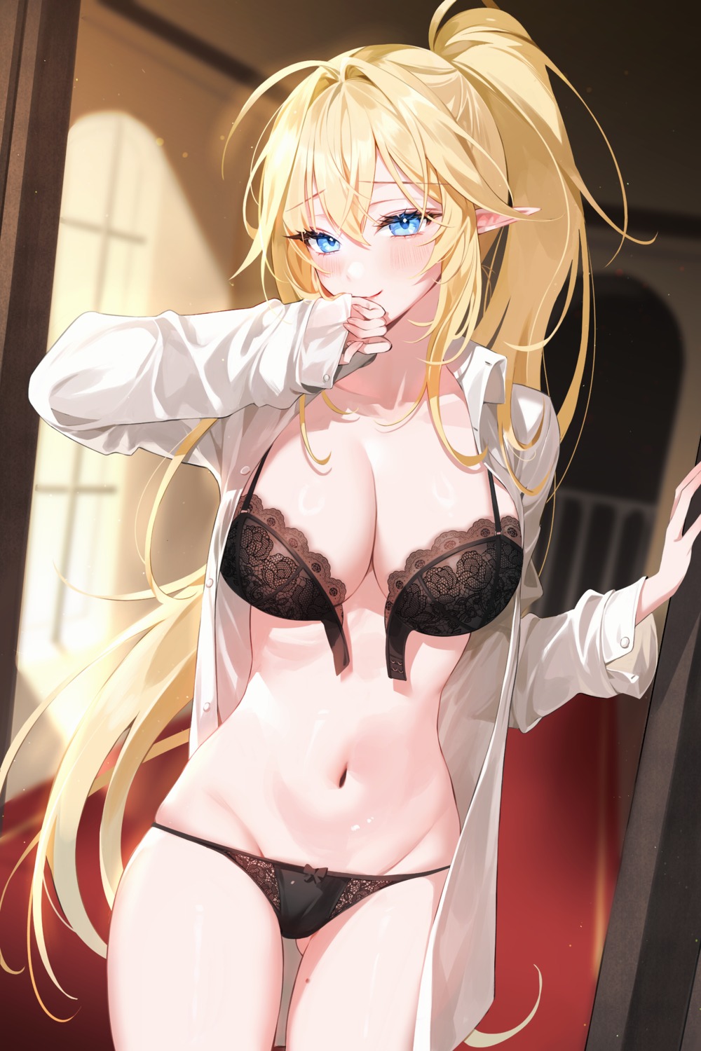 bra dress_shirt open_shirt pantsu pointy_ears tagme