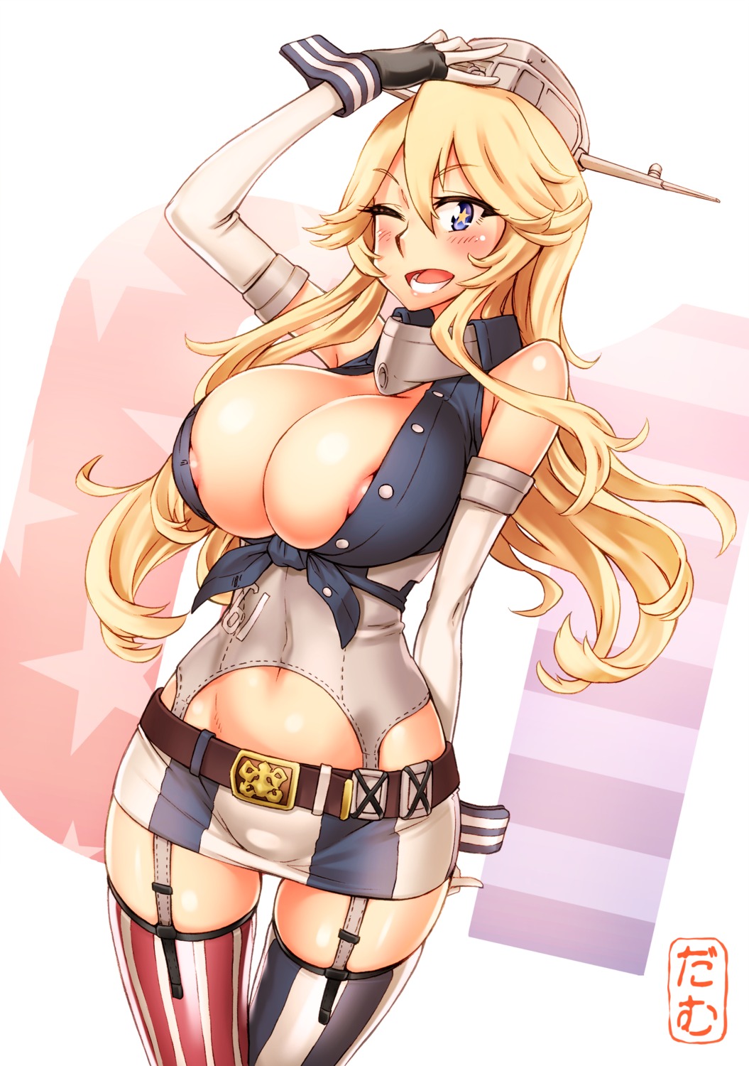 areola cleavage damu_ningen iowa_(kancolle) kantai_collection no_bra open_shirt stockings thighhighs