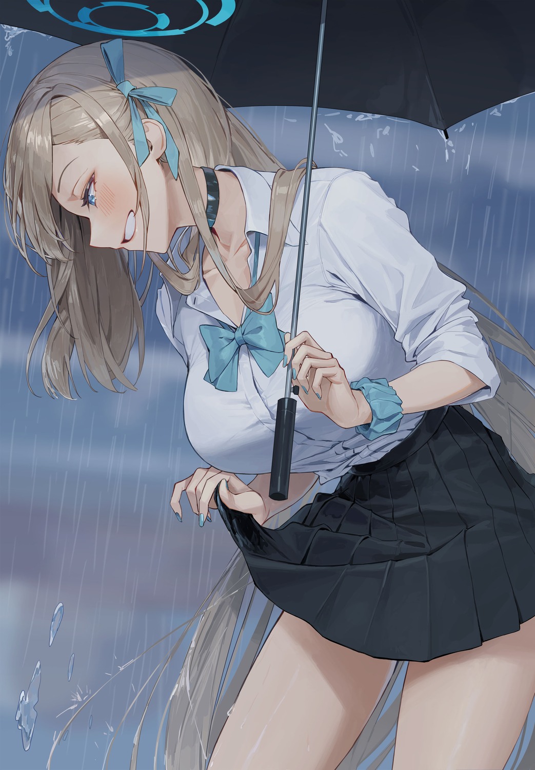 blue_archive cotta_(heleif) halo ichinose_asuna seifuku skirt_lift umbrella