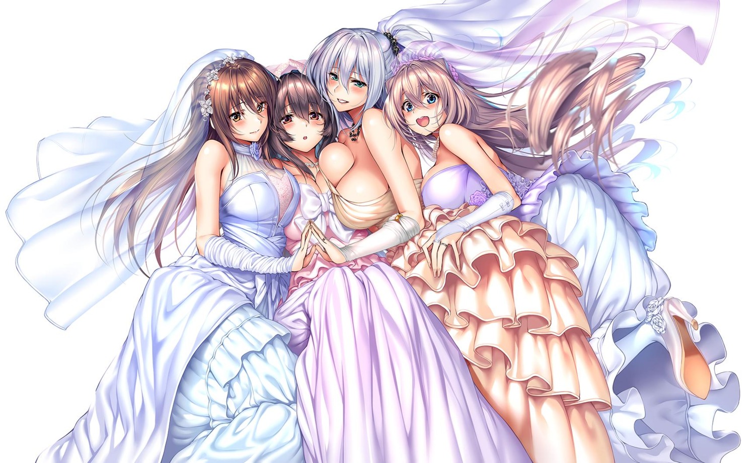 amakano_~second_season~ azarashi_soft cleavage dress heels ichinose_honami_(amakano) kutsuno_kanade piromizu see_through suzurikawa_euphrasie_ruika symmetrical_docking takayashiro_yuzuka wedding_dress