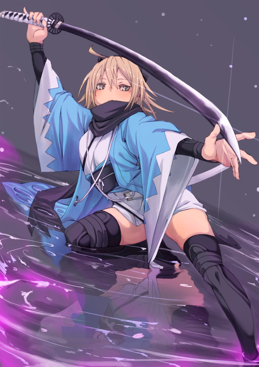 fate/grand_order fate/stay_night fu-ta japanese_clothes okita_souji_(fate) sword thighhighs wet