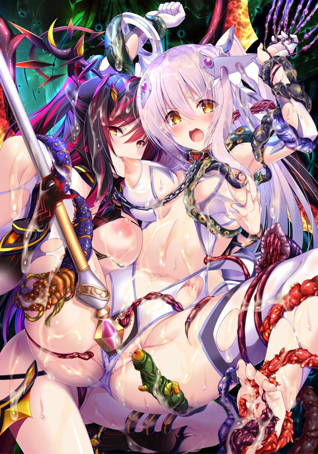 bondage breast_grab breasts chikubi_(artist) cum kanzaki_noel nipples no_bra nopan pussy_juice see_through seikou_tenshi_noel_akuma_no_kokuin_to_mugen_ingoku tentacles thighhighs torn_clothes weapon yuri zion