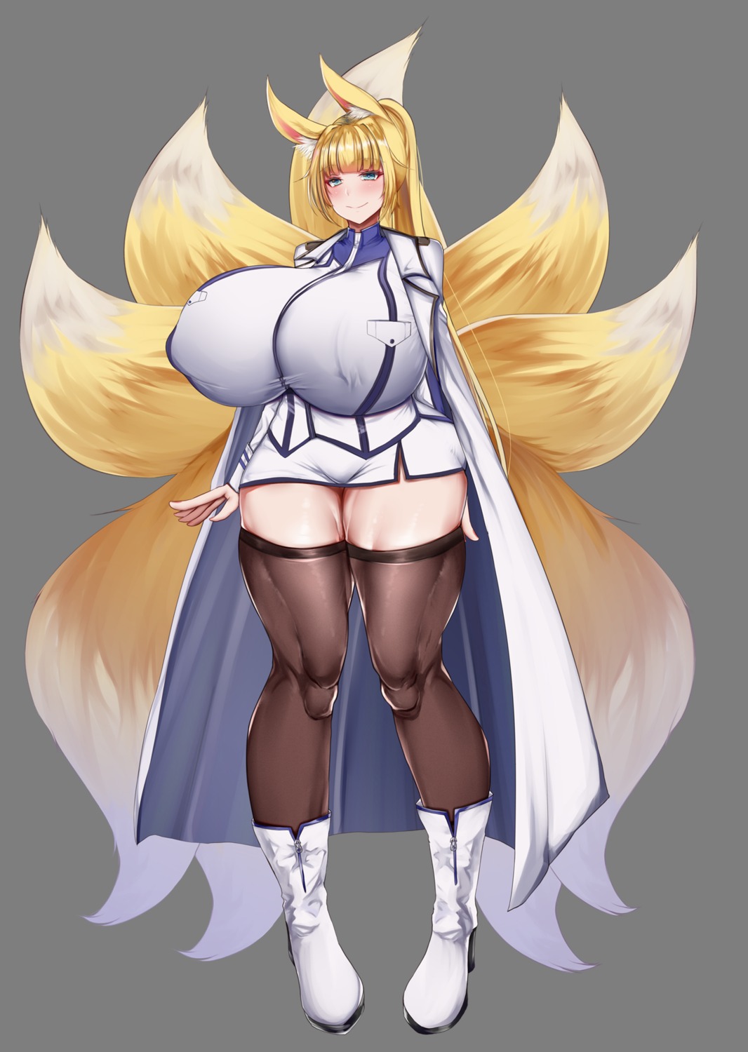 animal_ears chomikuplus erect_nipples kitsune tail thighhighs uniform