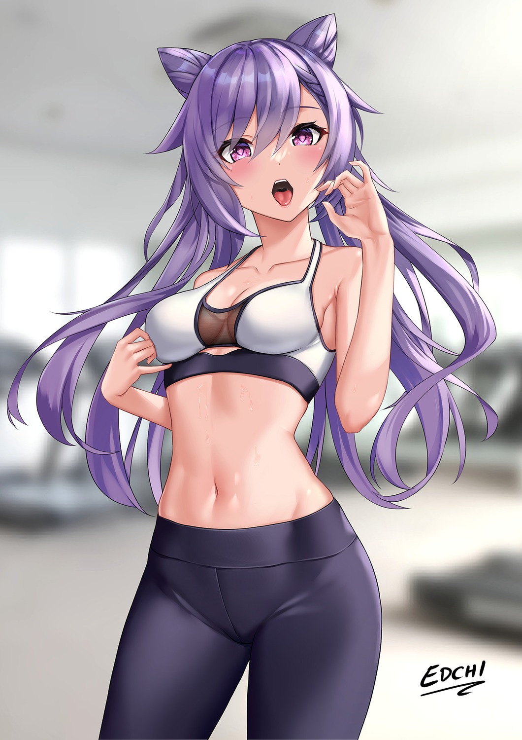 bra breast_hold edchi genshin_impact gym_uniform keqing see_through wet