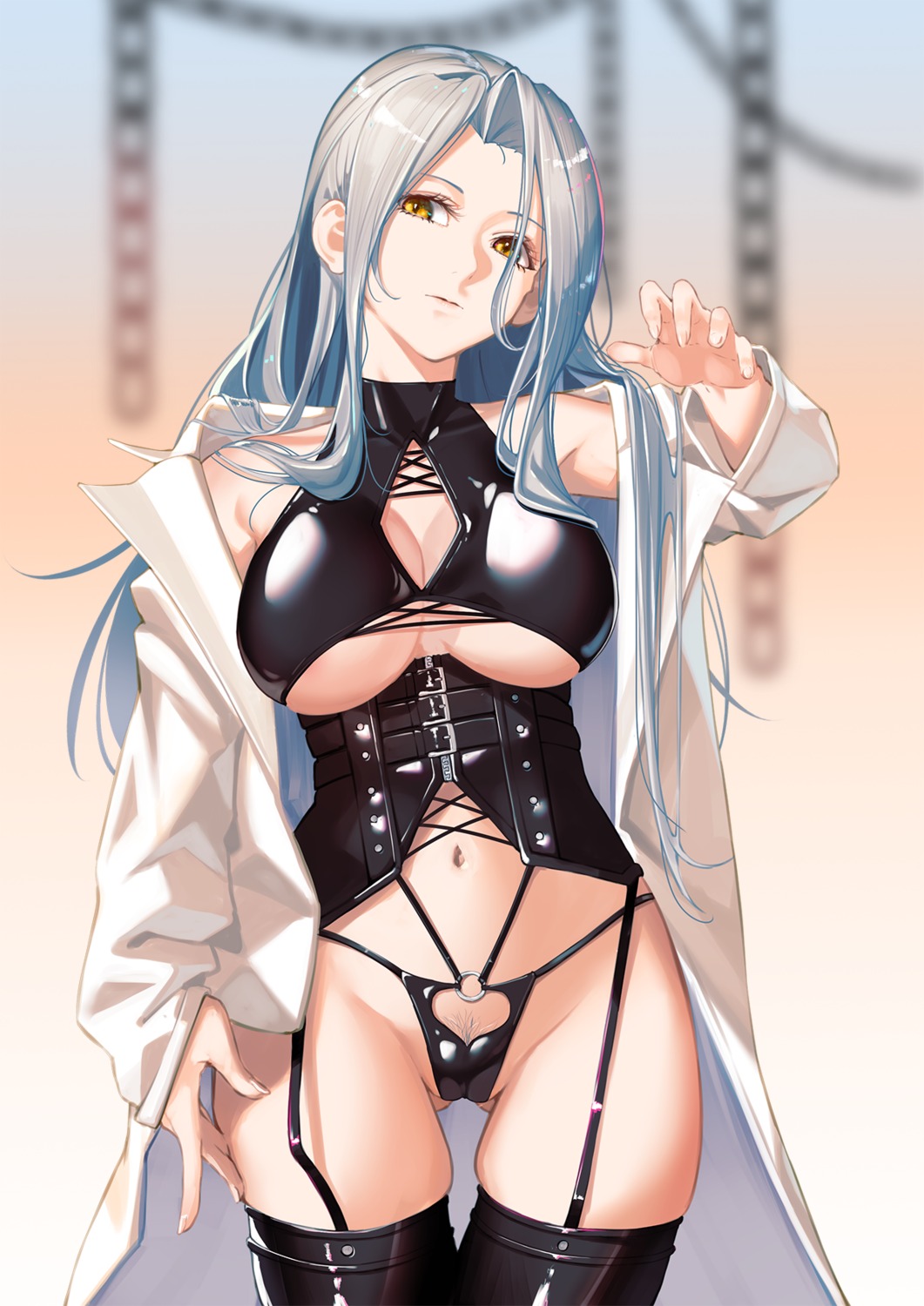 bishi_(bishi) cameltoe no_bra open_shirt pantsu pubic_hair stockings thighhighs