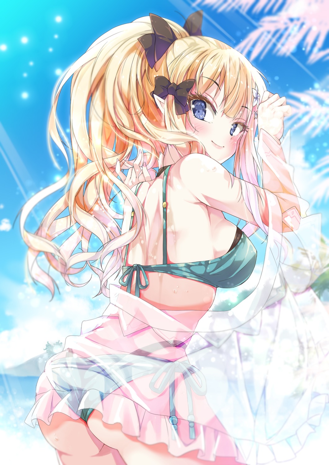 ass bikini open_shirt pointy_ears porurin princess_connect princess_connect!_re:dive sasaki_saren see_through swimsuits thong wet