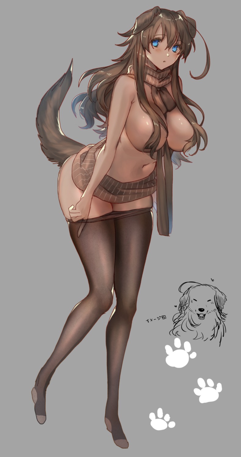 animal_ears breasts inumimi no_bra pantyhose shino_yoshihisa sweater tail undressing