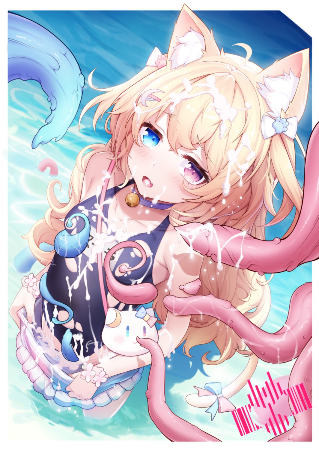 animal_ears breast_hold cum ddddecade heterochromia loli nekomimi school_swimsuit swimsuits tail tentacles torn_clothes undressing wet