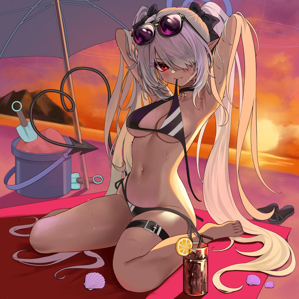 82jhin bikini blue_archive garter halo megane panty_pull pointy_ears shiromi_iori swimsuits tail wet