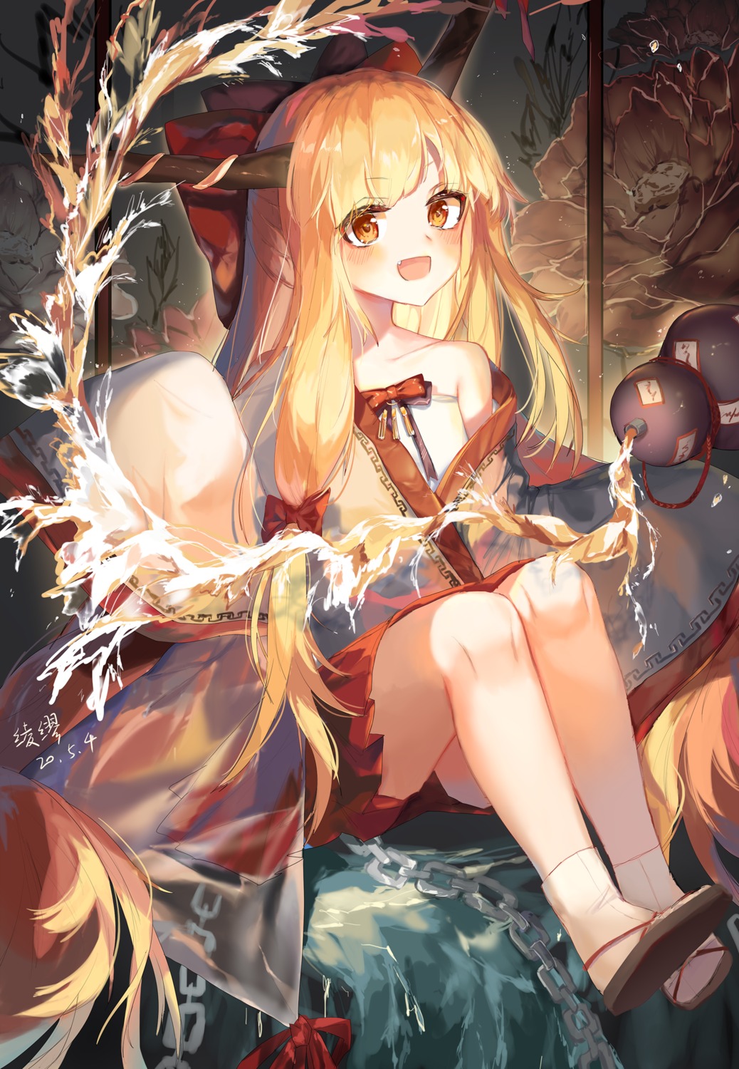 horns ibuki_suika ling_mou skirt_lift touhou