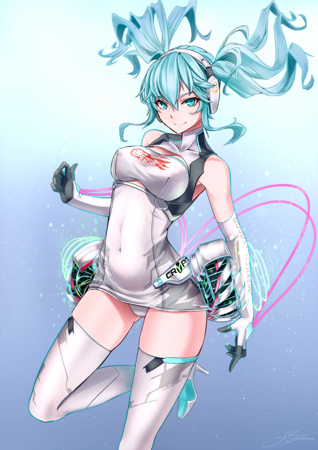 erect_nipples goodsmile_racing hatsune_miku headphones heels pantsu racing_miku shijiu_(adamhutt) thighhighs vocaloid