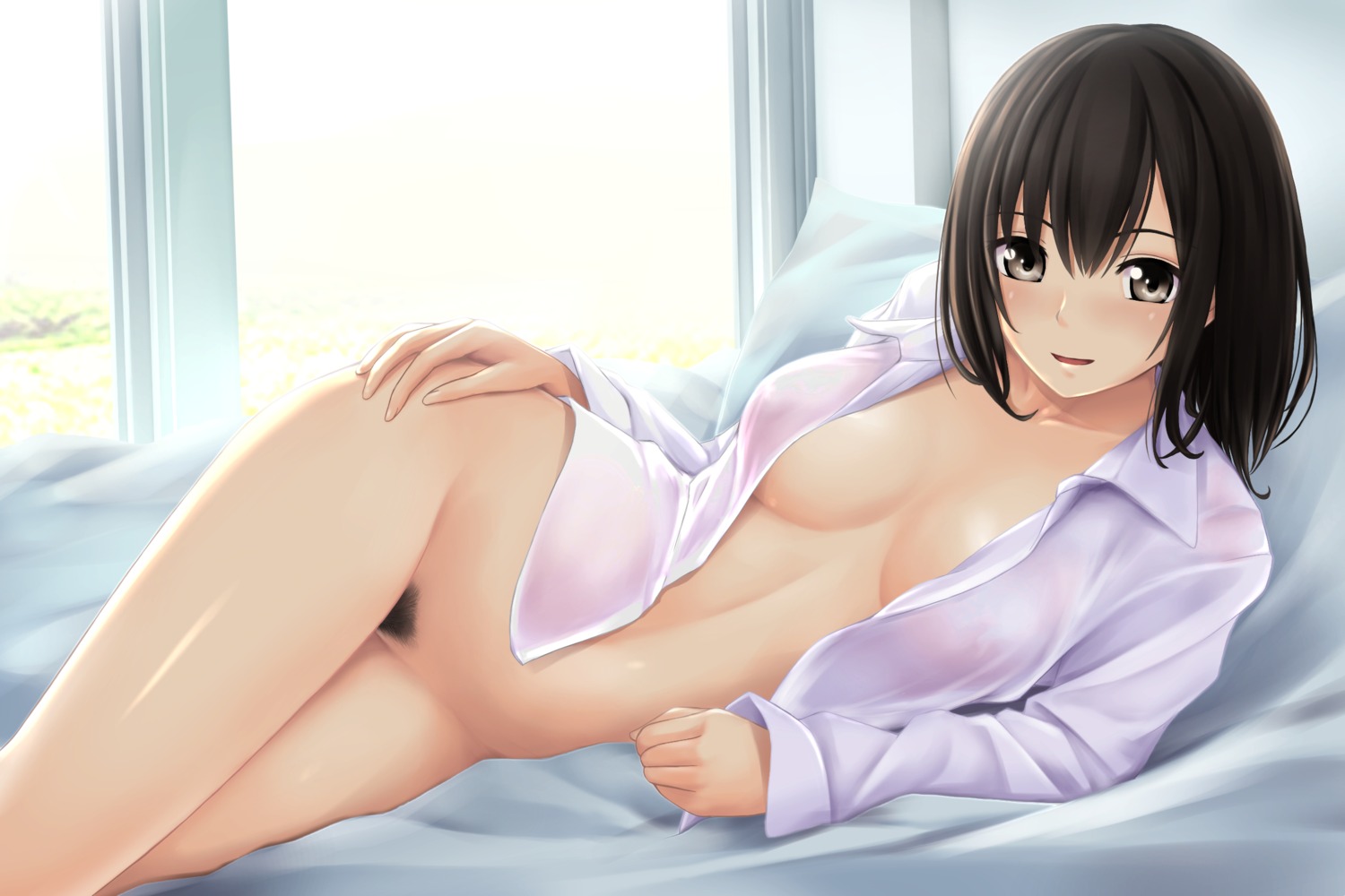 bottomless dress_shirt no_bra nonaka_ritsu open_shirt pubic_hair see_through