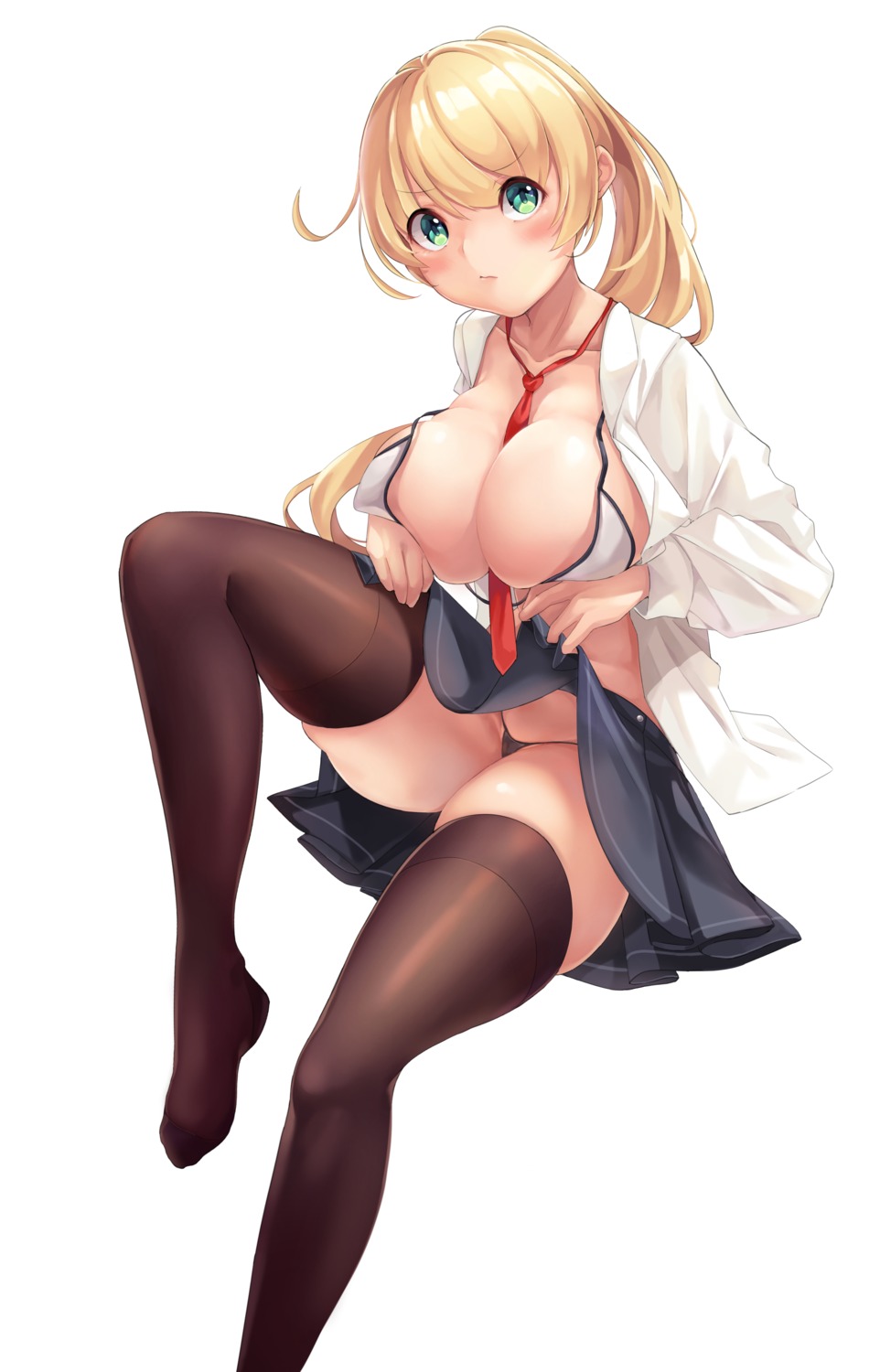 bra mac_(pixiv31869137) open_shirt pantsu seifuku skirt_lift thighhighs