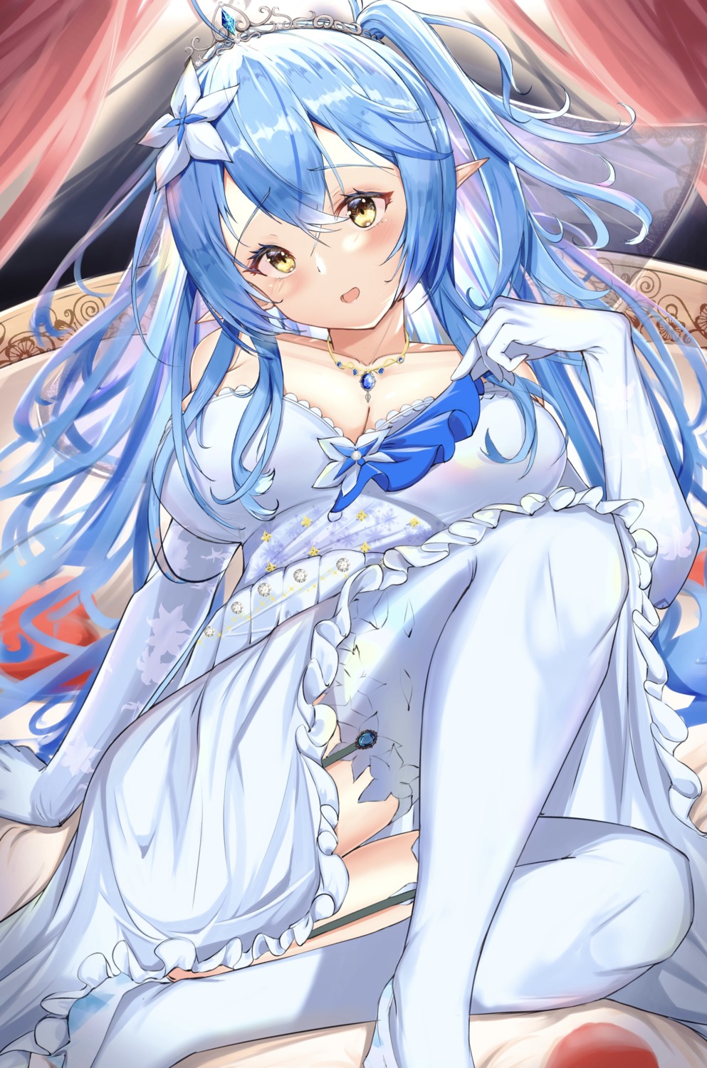 dress elf hololive mitty_(artist) no_bra pointy_ears skirt_lift stockings thighhighs wedding_dress yukihana_lamy