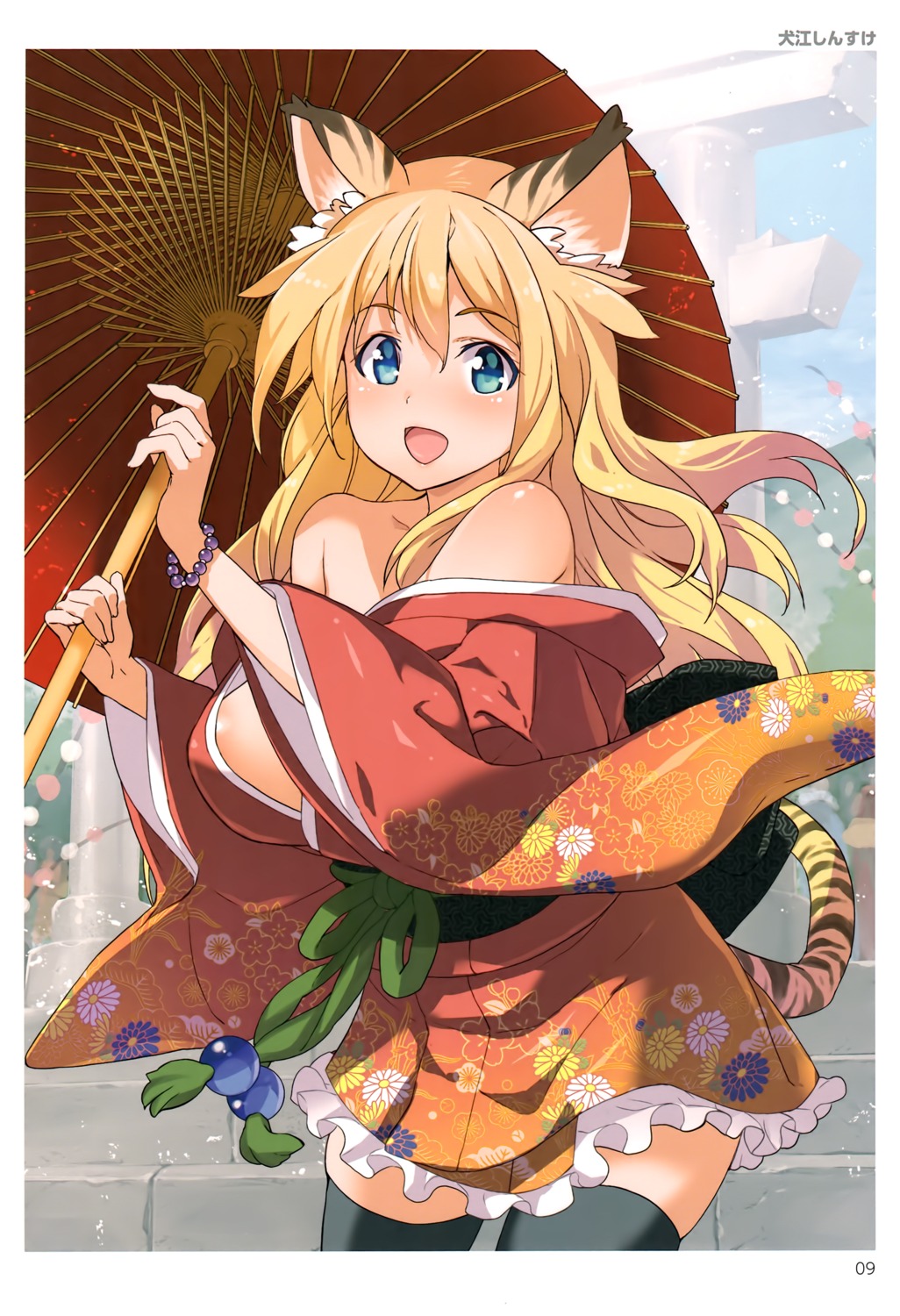 animal_ears areola inue_shinsuke kimono no_bra open_shirt tail thighhighs toranoana umbrella