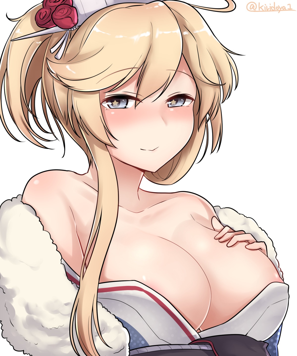 areola cleavage iowa_(kancolle) kantai_collection kimono kiritto open_shirt