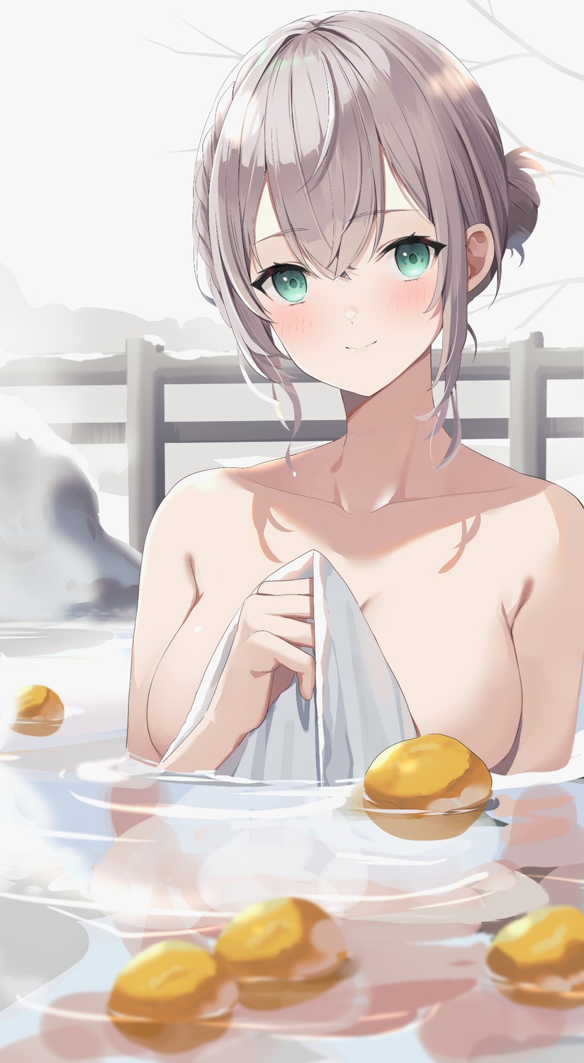 bathing hololive onsen shirogane_noel topless towel wet yuzu-aki