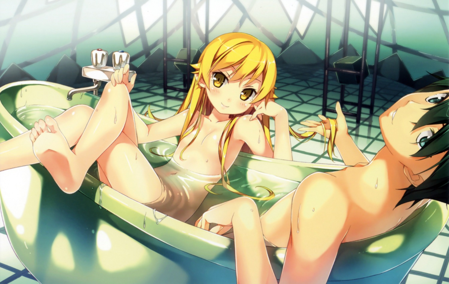 araragi_koyomi areola bakemonogatari bathing feet kantoku loli monogatari_(series) naked nisemonogatari oshino_shinobu overfiltered wet