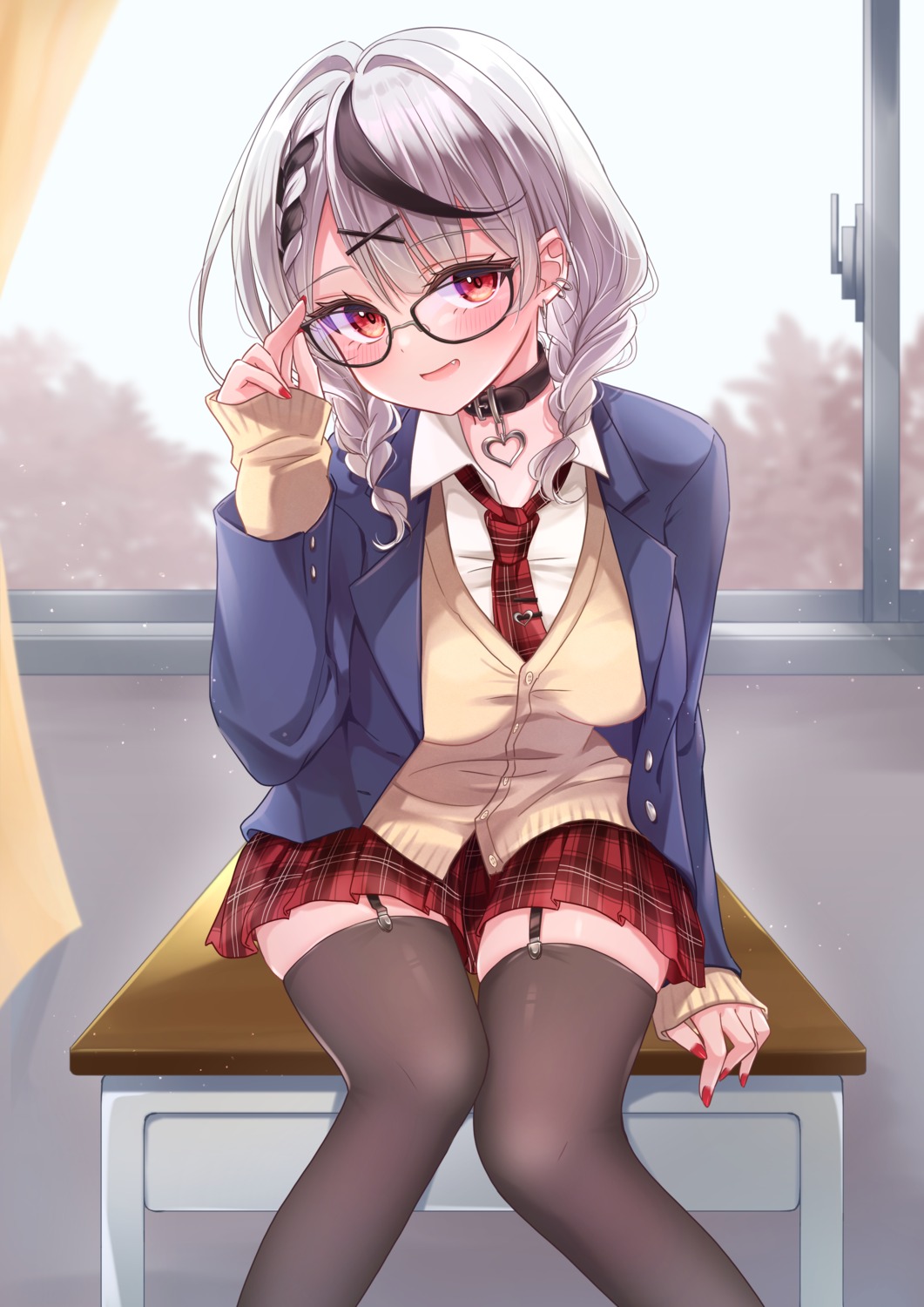 hololive megane null_illust sakamata_chloe seifuku stockings sweater thighhighs