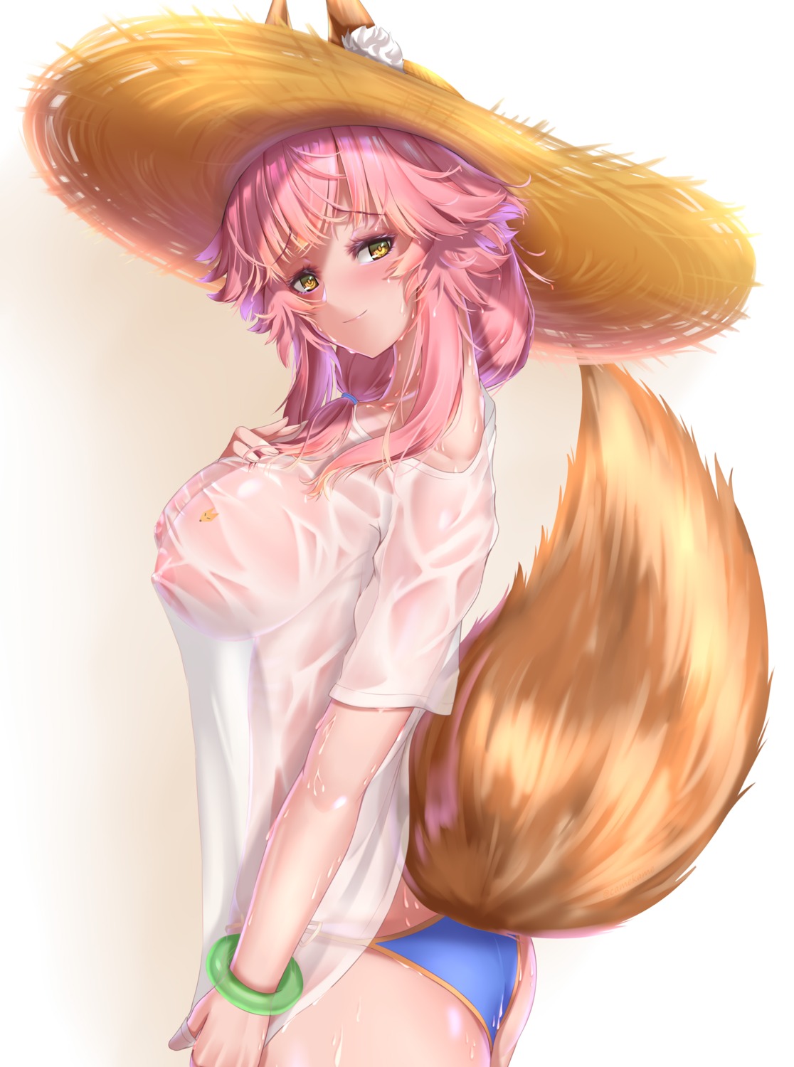 ass bikini breasts fate/grand_order kamehito kitsune nipples no_bra see_through swimsuits tail tamamo_no_mae wet wet_clothes