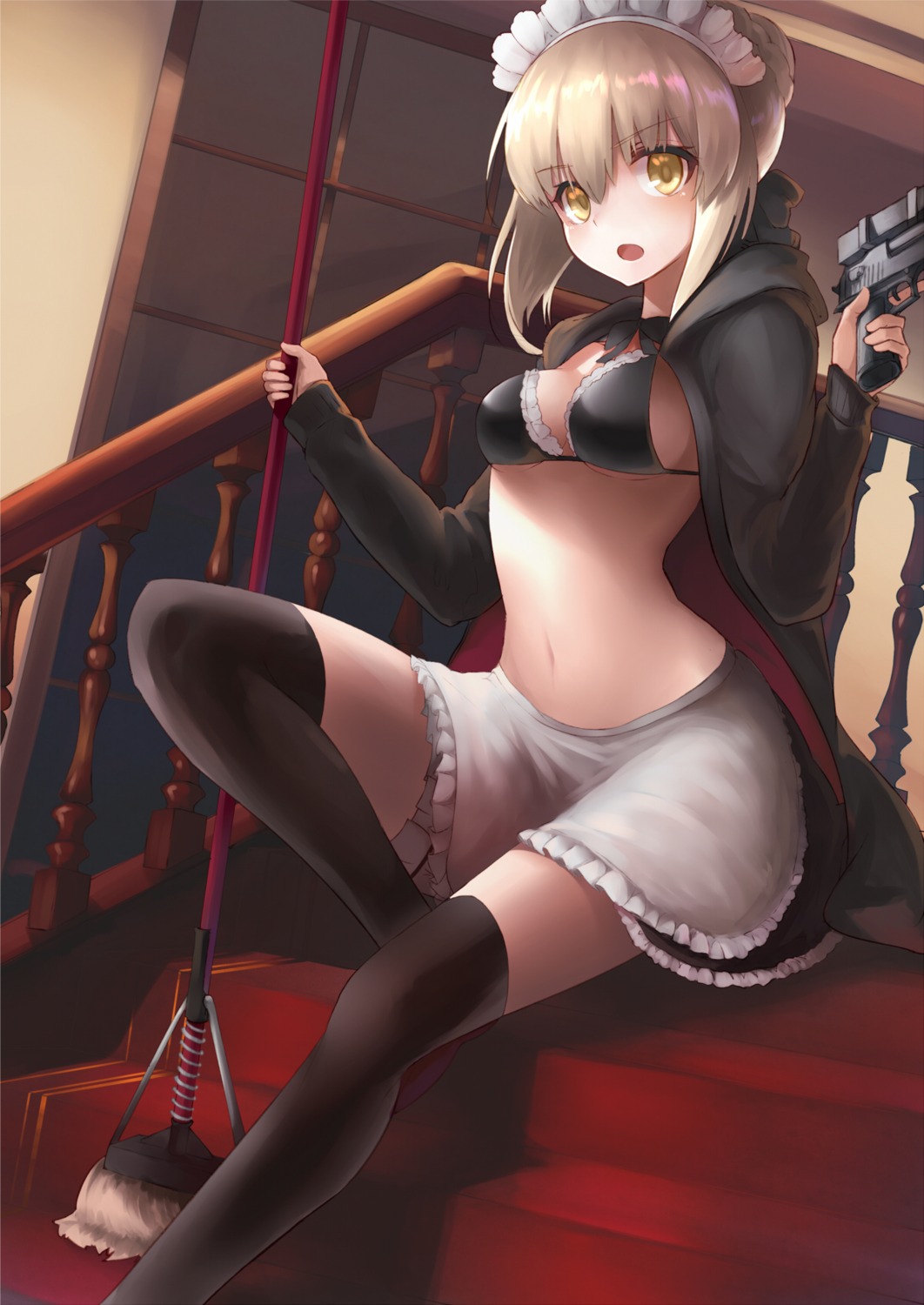 bikini_top fate/grand_order gun jazztaki maid open_shirt saber saber_alter swimsuits thighhighs underboob