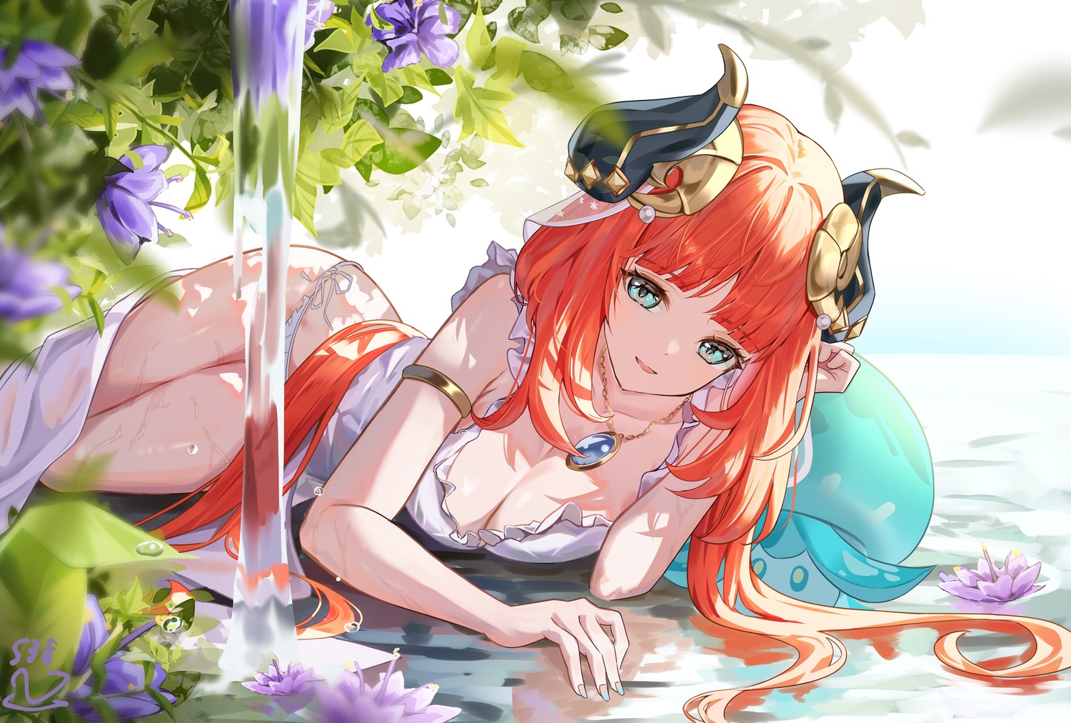 cleavage dress genshin_impact horns komiya_latte nilou pantsu skirt_lift string_panties wet