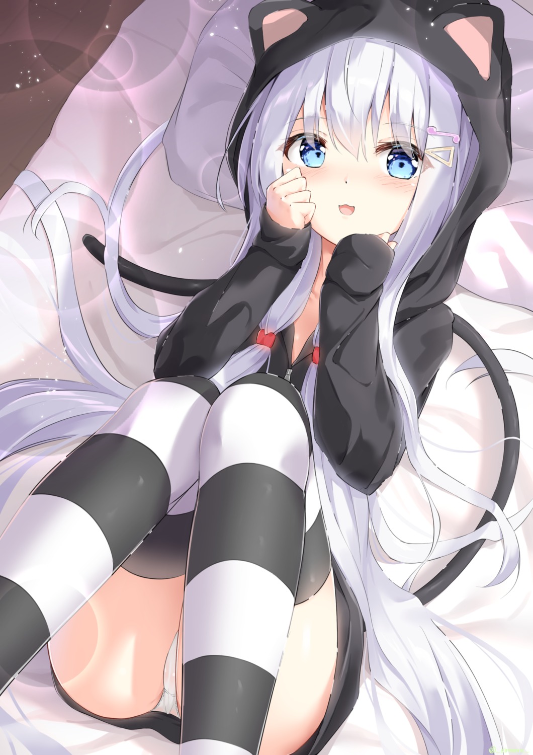 animal_ears nekomimi pajama pantsu shironora skirt_lift tail thighhighs