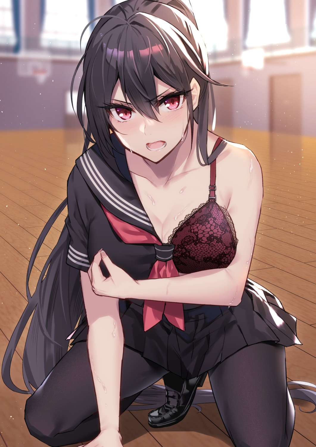 aosaki_yukina bra breast_hold cleavage pantyhose seifuku wardrobe_malfunction